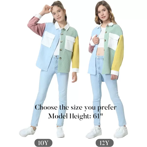 Mebius Girls Shacket Jacket Long Sleeve PlaidCorduroy Color Block Button Down Casual Collared Shirt with PocketColor Block BlueGreen