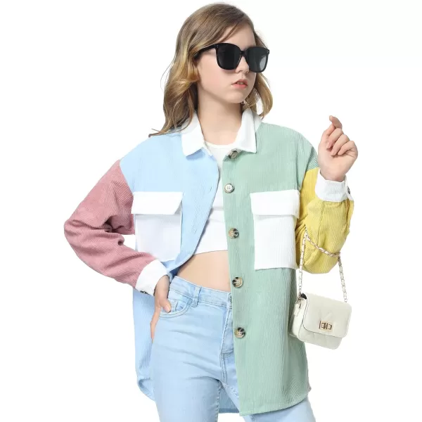 Mebius Girls Shacket Jacket Long Sleeve PlaidCorduroy Color Block Button Down Casual Collared Shirt with PocketColor Block BlueGreen