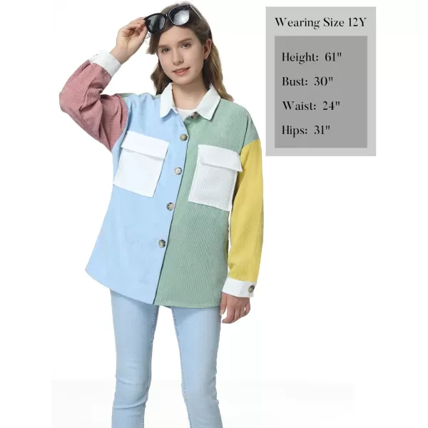 Mebius Girls Shacket Jacket Long Sleeve PlaidCorduroy Color Block Button Down Casual Collared Shirt with PocketColor Block BlueGreen