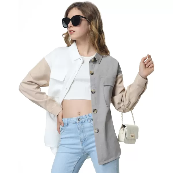 Mebius Girls Shacket Jacket Long Sleeve PlaidCorduroy Color Block Button Down Casual Collared Shirt with PocketColor Block WhiteBrown