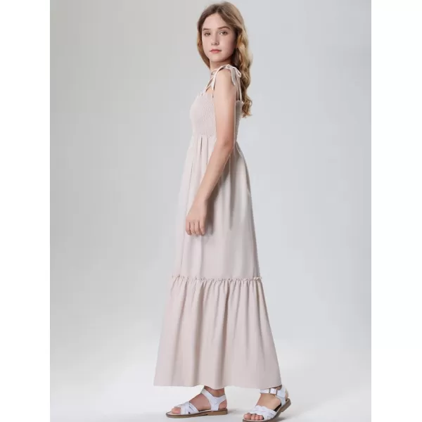 Mebius Girls Summer MiniMaxi Dress Smocked Tie Strap Boho Casual Babydoll Shirred Aline Tiered DressesBeige Maxi