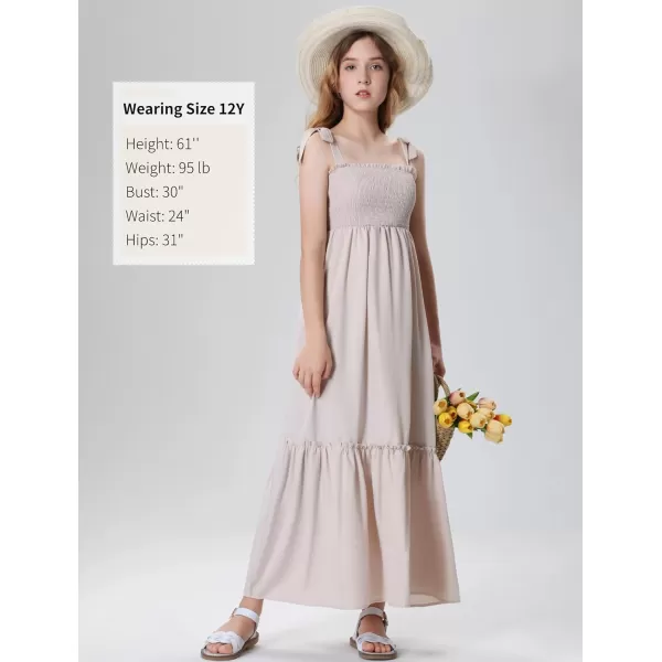 Mebius Girls Summer MiniMaxi Dress Smocked Tie Strap Boho Casual Babydoll Shirred Aline Tiered DressesBeige Maxi