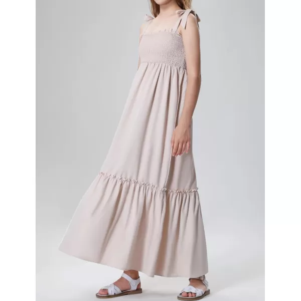 Mebius Girls Summer MiniMaxi Dress Smocked Tie Strap Boho Casual Babydoll Shirred Aline Tiered DressesBeige Maxi