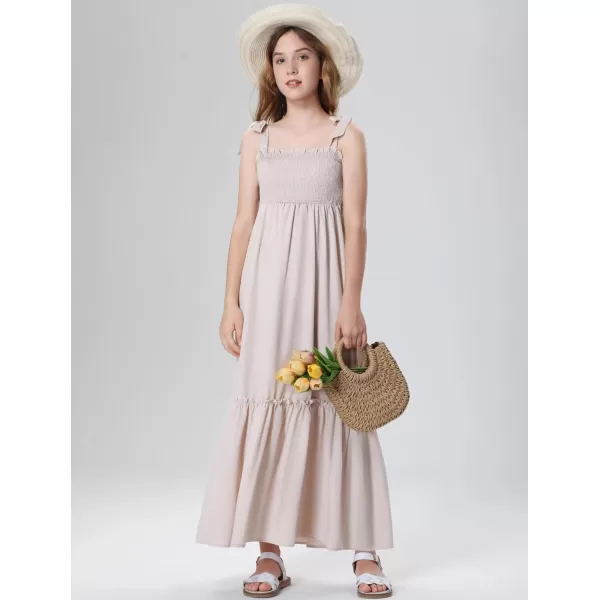 Mebius Girls Summer MiniMaxi Dress Smocked Tie Strap Boho Casual Babydoll Shirred Aline Tiered DressesBeige Maxi