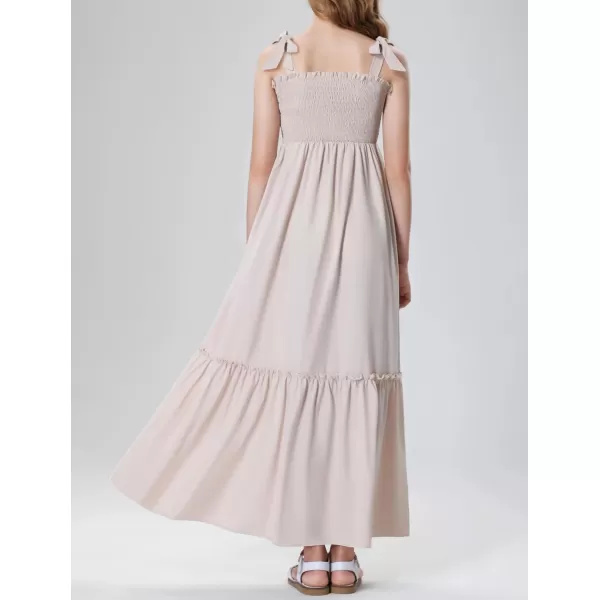 Mebius Girls Summer MiniMaxi Dress Smocked Tie Strap Boho Casual Babydoll Shirred Aline Tiered DressesBeige Maxi