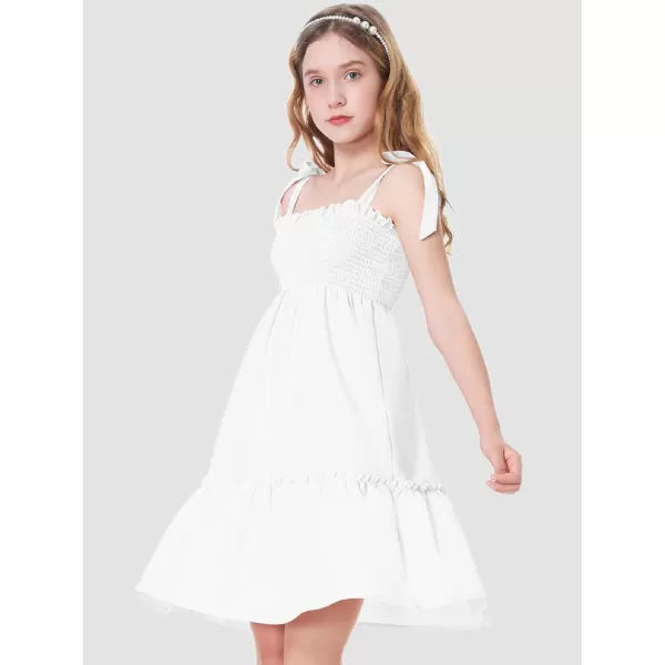 Mebius Girls Summer MiniMaxi Dress Smocked Tie Strap Boho Casual Babydoll Shirred Aline Tiered DressesWhite