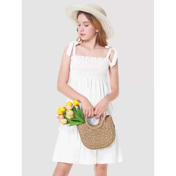 Mebius Girls Summer MiniMaxi Dress Smocked Tie Strap Boho Casual Babydoll Shirred Aline Tiered DressesWhite