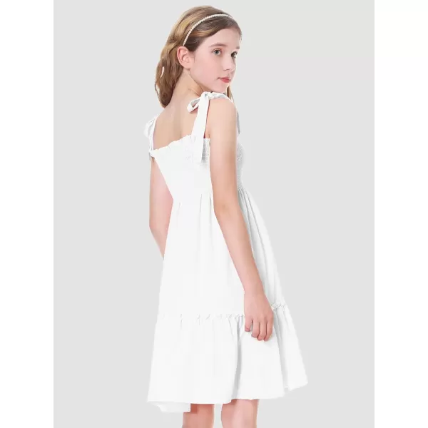 Mebius Girls Summer MiniMaxi Dress Smocked Tie Strap Boho Casual Babydoll Shirred Aline Tiered DressesWhite