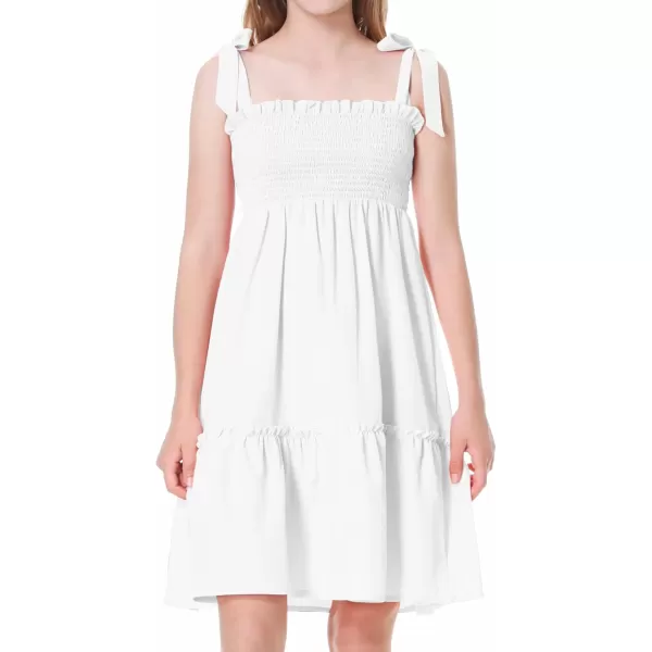 Mebius Girls Summer MiniMaxi Dress Smocked Tie Strap Boho Casual Babydoll Shirred Aline Tiered DressesWhite