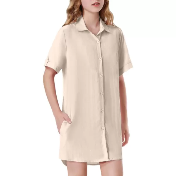 Girls Button Down Shirt Dress with Side Pockets Short Sleeve Linen Loose Casual Tunic Blouse Top 612YBeige