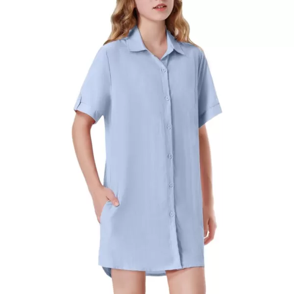 Girls Button Down Shirt Dress with Side Pockets Short Sleeve Linen Loose Casual Tunic Blouse Top 612YBlue
