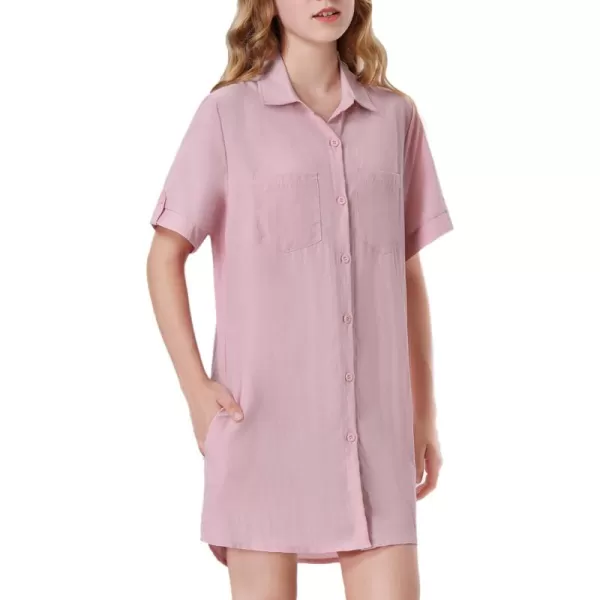 Girls Button Down Shirt Dress with Side Pockets Short Sleeve Linen Loose Casual Tunic Blouse Top 612YPink