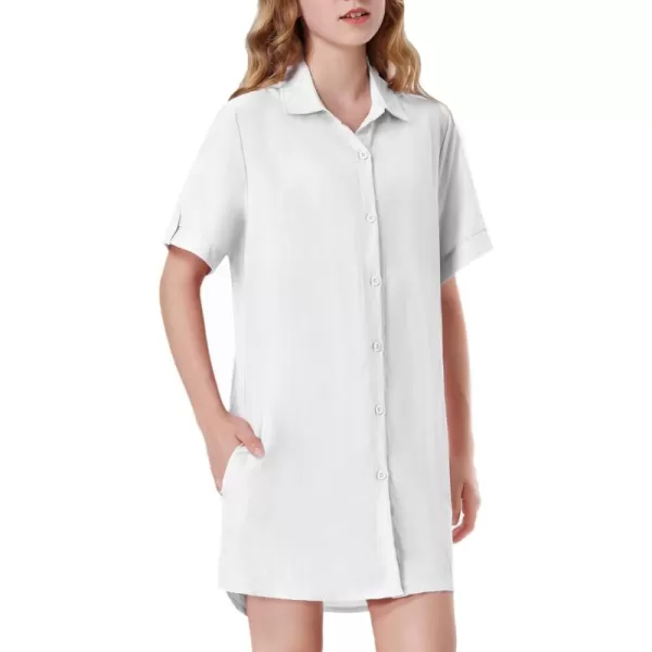 Girls Button Down Shirt Dress with Side Pockets Short Sleeve Linen Loose Casual Tunic Blouse Top 612YWhite