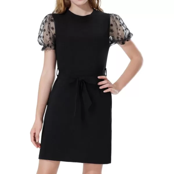 Mebius Girls Appliques Mesh Sleeve Dresses with Pockets Puff Sheer Long Sleeve Bodycon Belted Dress for Party 612YBlack Flowers