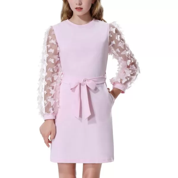 Mebius Girls Appliques Mesh Sleeve Dresses with Pockets Puff Sheer Long Sleeve Bodycon Belted Dress for Party 612YPink Butterflyl