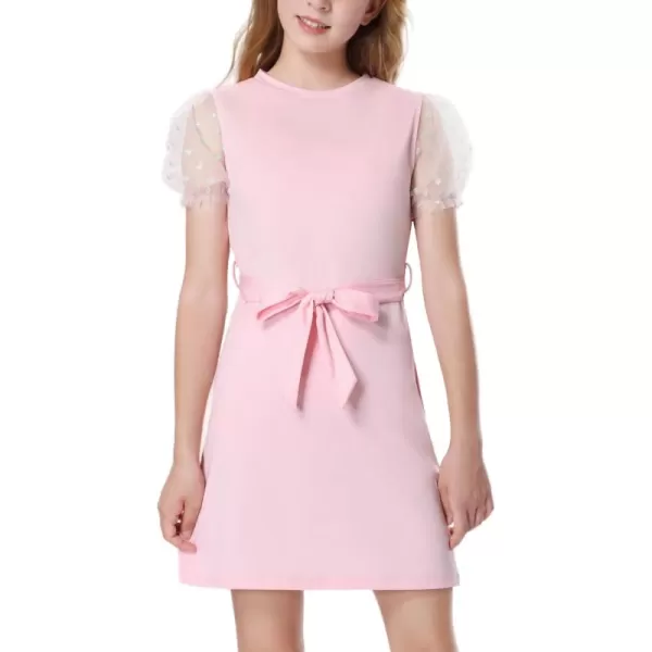 Mebius Girls Appliques Mesh Sleeve Dresses with Pockets Puff Sheer Long Sleeve Bodycon Belted Dress for Party 612YPink Dots