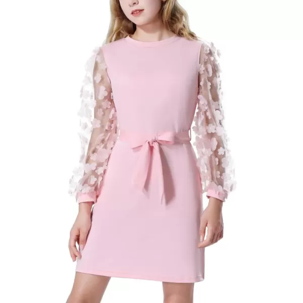 Mebius Girls Appliques Mesh Sleeve Dresses with Pockets Puff Sheer Long Sleeve Bodycon Belted Dress for Party 612YPink Flowerl