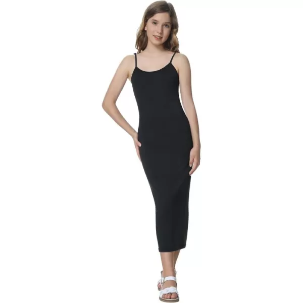 Mebius Girls Bodycon Maxi Dress Spaghetti Strap SlipLong Sleeve Pencil Black Long Dresses Round Neck Casual Party 814YAblack