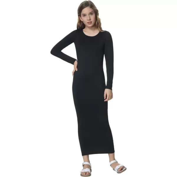 Mebius Girls Bodycon Maxi Dress Spaghetti Strap SlipLong Sleeve Pencil Black Long Dresses Round Neck Casual Party 814YBblack
