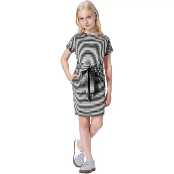 Mebius Girls Bodycon Short Sleeve Dress T Shirt Tee Mini Dresses Summer Casual Tie Waist with PocketsBlack