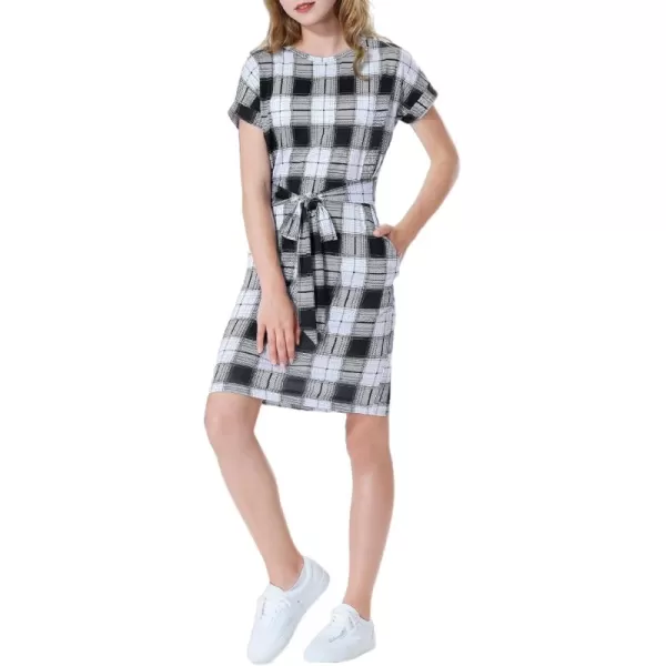 Mebius Girls Bodycon Short Sleeve Dress T Shirt Tee Mini Dresses Summer Casual Tie Waist with PocketsBlack Plaid