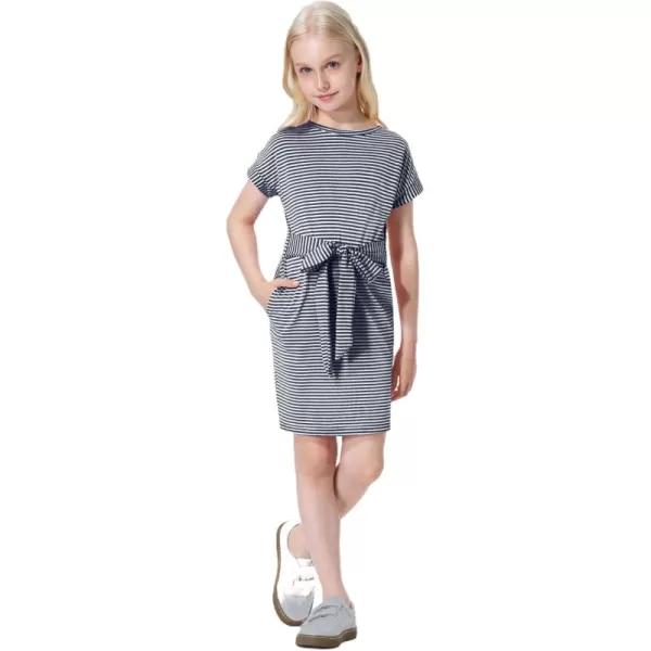 Mebius Girls Bodycon Short Sleeve Dress T Shirt Tee Mini Dresses Summer Casual Tie Waist with PocketsBlue