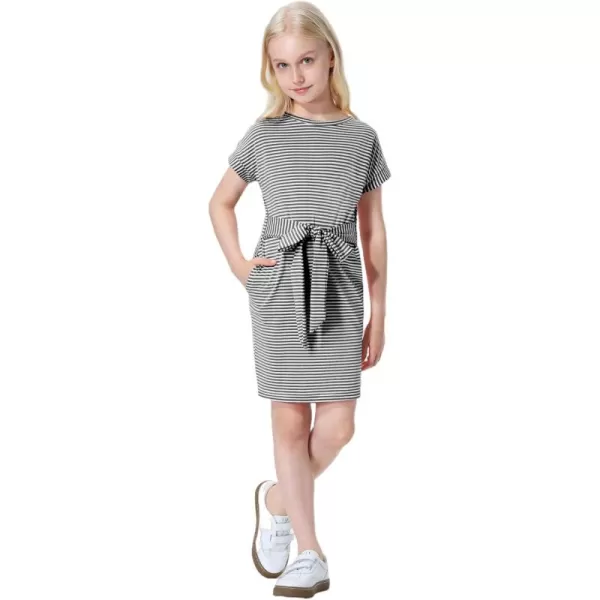 Mebius Girls Bodycon Short Sleeve Dress T Shirt Tee Mini Dresses Summer Casual Tie Waist with PocketsGrey