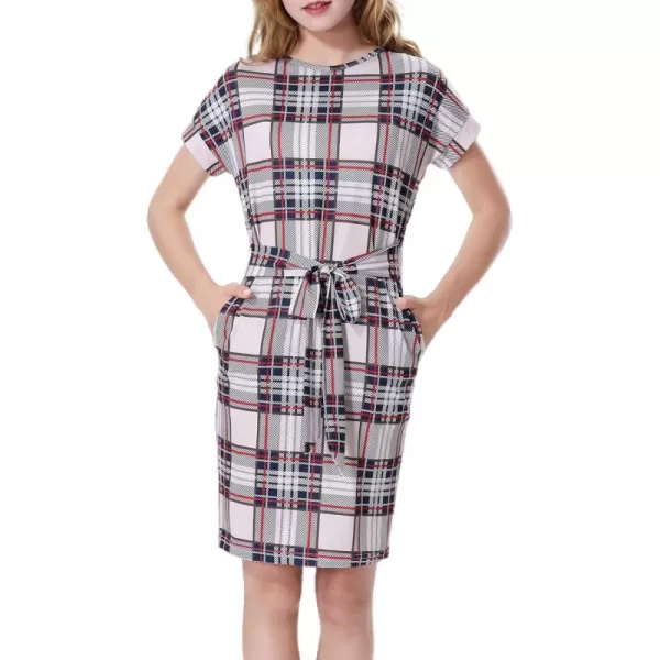 Mebius Girls Bodycon Short Sleeve Dress T Shirt Tee Mini Dresses Summer Casual Tie Waist with PocketsKhaki Plaid