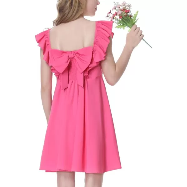 Mebius Girls Bow Back Square Neck Ruffle Sleeve Preppy Dress Tween Cute School Dance A Line Dresses 814YHot Pink Sleeveless