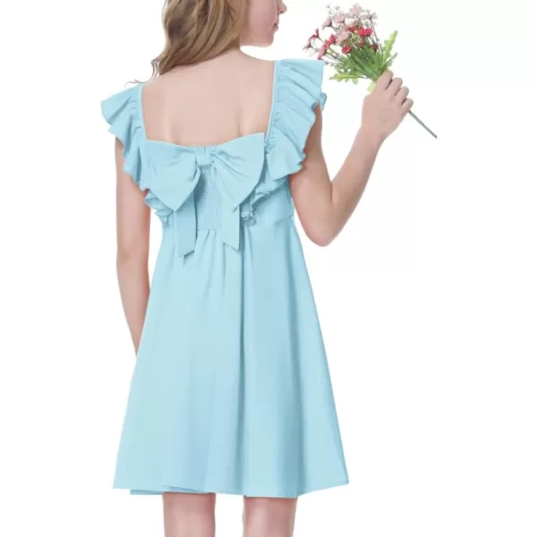 Mebius Girls Bow Back Square Neck Ruffle Sleeve Preppy Dress Tween Cute School Dance A Line Dresses 814YSky Blue Sleeveless