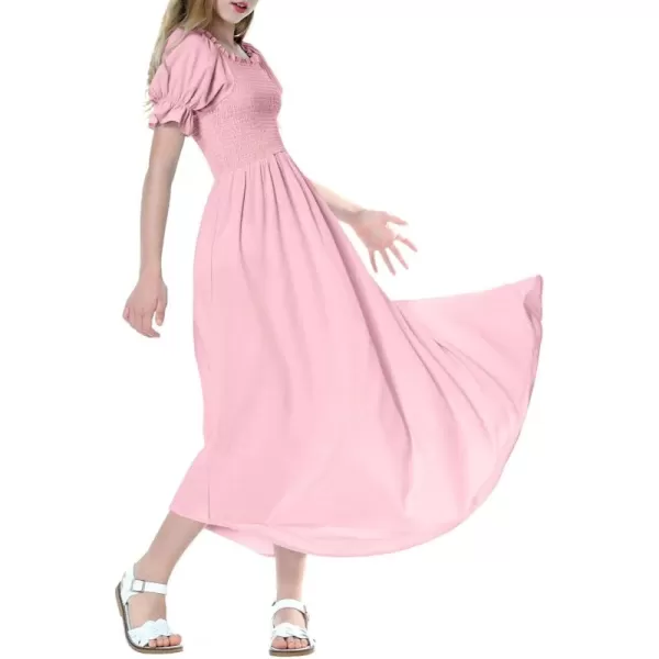 Mebius Girls Cottagecore Maxi Dress Smocked Puff Sleeve Square Neck Flowy Boho Aline Ruffle Short Sleeve Dresses 814YPink