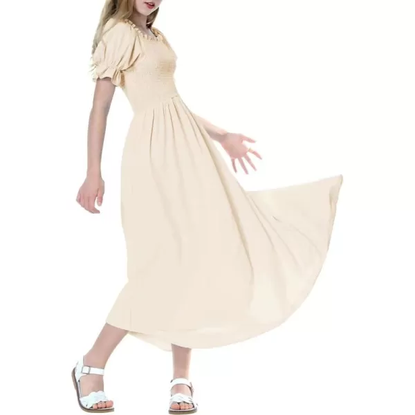 Mebius Girls Cottagecore Maxi Dress Smocked Puff Sleeve Square Neck Flowy Boho Aline Ruffle Short Sleeve Dresses 814YWhite
