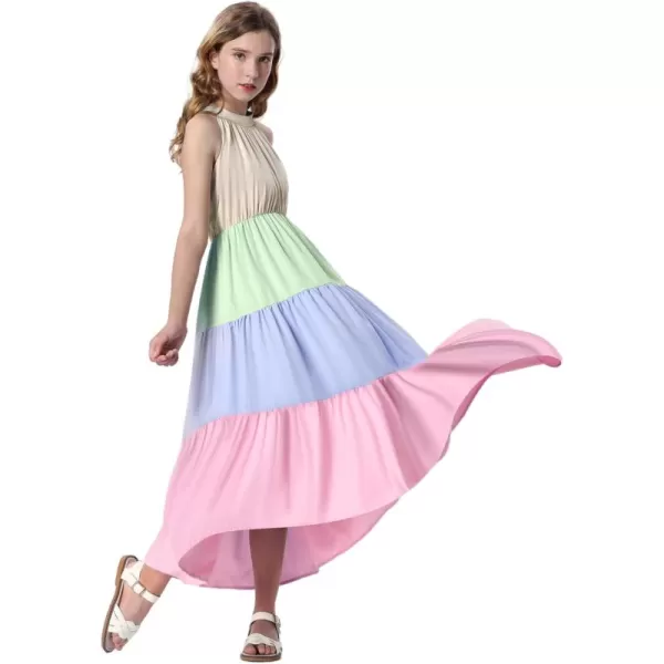 Mebius Girls Halter Neck Flowy Long Maxi Dress Back Tie Sleeveless Casual Party Aline Tiered Dresses for 612 YearsMulticolor B