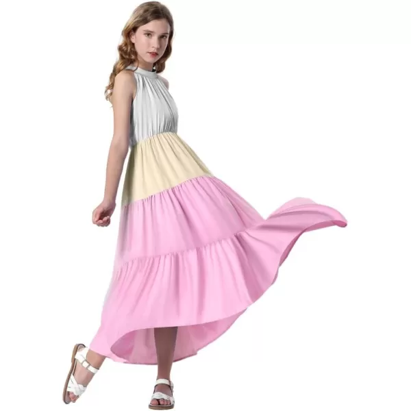 Mebius Girls Halter Neck Flowy Long Maxi Dress Back Tie Sleeveless Casual Party Aline Tiered Dresses for 612 YearsMulticolor a