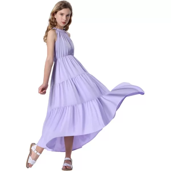 Mebius Girls Halter Neck Flowy Long Maxi Dress Back Tie Sleeveless Casual Party Aline Tiered Dresses for 612 YearsPurple