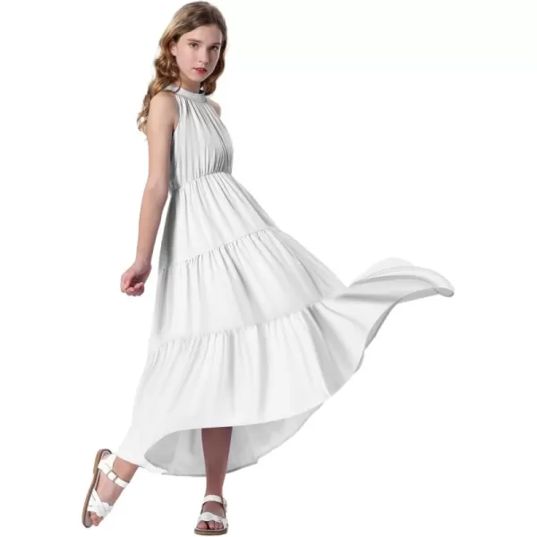 Mebius Girls Halter Neck Flowy Long Maxi Dress Back Tie Sleeveless Casual Party Aline Tiered Dresses for 612 YearsWhite