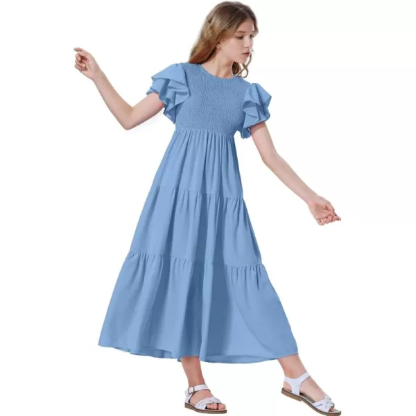 Mebius Girls Maxi Long Smocked Dresses Kids Boho Summer Flowy Ruffle Sleeve Tiered Flutter Sleeve Aline Dress 612YAiry Blue