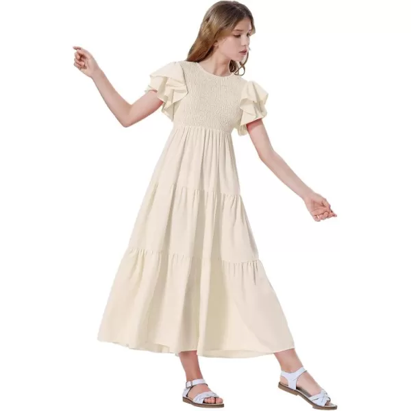 Mebius Girls Maxi Long Smocked Dresses Kids Boho Summer Flowy Ruffle Sleeve Tiered Flutter Sleeve Aline Dress 612YApricot