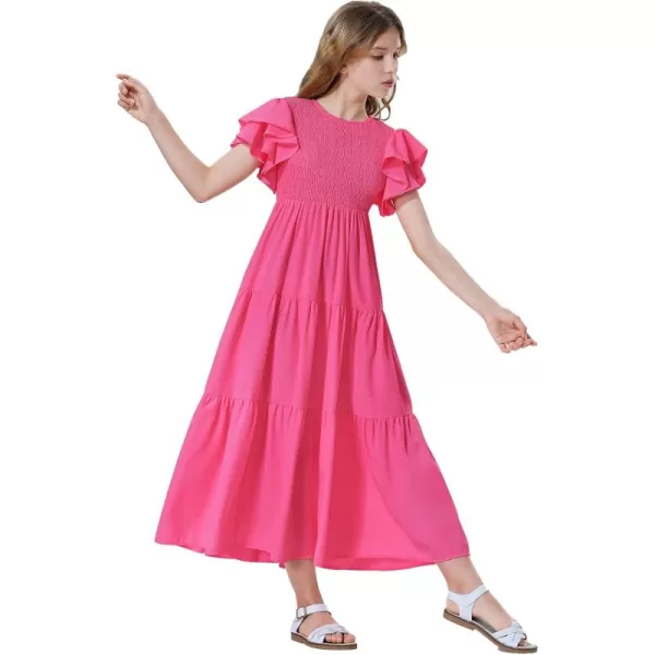 Mebius Girls Maxi Long Smocked Dresses Kids Boho Summer Flowy Ruffle Sleeve Tiered Flutter Sleeve Aline Dress 612YHot Pink