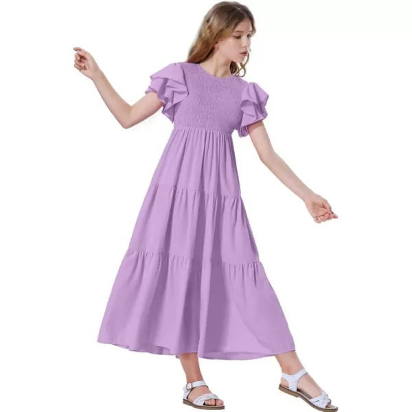 Mebius Girls Maxi Long Smocked Dresses Kids Boho Summer Flowy Ruffle Sleeve Tiered Flutter Sleeve Aline Dress 612YLavender