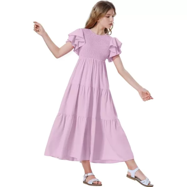 Mebius Girls Maxi Long Smocked Dresses Kids Boho Summer Flowy Ruffle Sleeve Tiered Flutter Sleeve Aline Dress 612YLilac