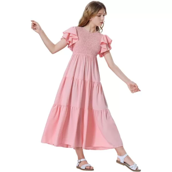 Mebius Girls Maxi Long Smocked Dresses Kids Boho Summer Flowy Ruffle Sleeve Tiered Flutter Sleeve Aline Dress 612YPink