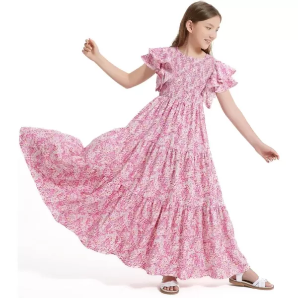 Mebius Girls Maxi Long Smocked Dresses Kids Boho Summer Flowy Ruffle Sleeve Tiered Flutter Sleeve Aline Dress 612YPink Floral