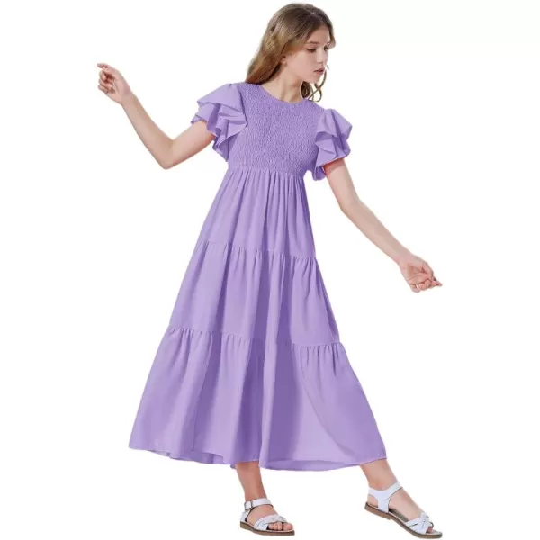 Mebius Girls Maxi Long Smocked Dresses Kids Boho Summer Flowy Ruffle Sleeve Tiered Flutter Sleeve Aline Dress 612YPurple