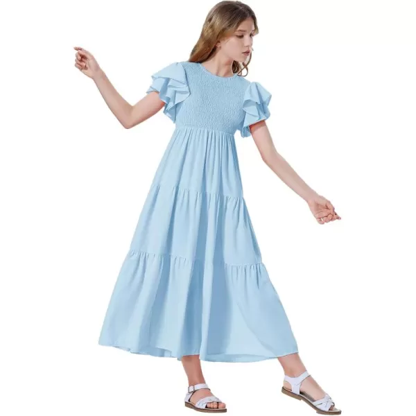Mebius Girls Maxi Long Smocked Dresses Kids Boho Summer Flowy Ruffle Sleeve Tiered Flutter Sleeve Aline Dress 612YSky Blue