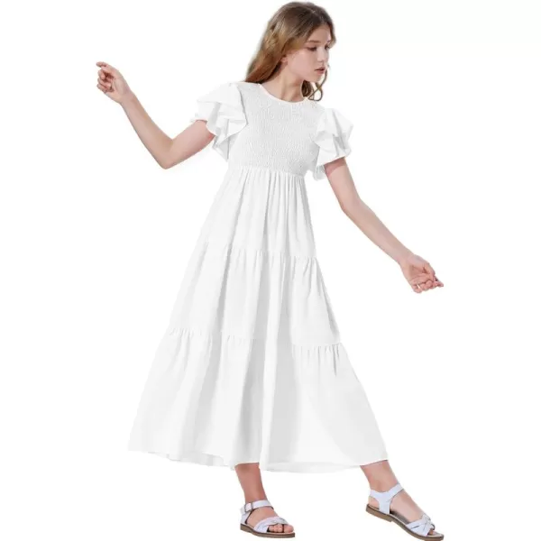 Mebius Girls Maxi Long Smocked Dresses Kids Boho Summer Flowy Ruffle Sleeve Tiered Flutter Sleeve Aline Dress 612YWhite