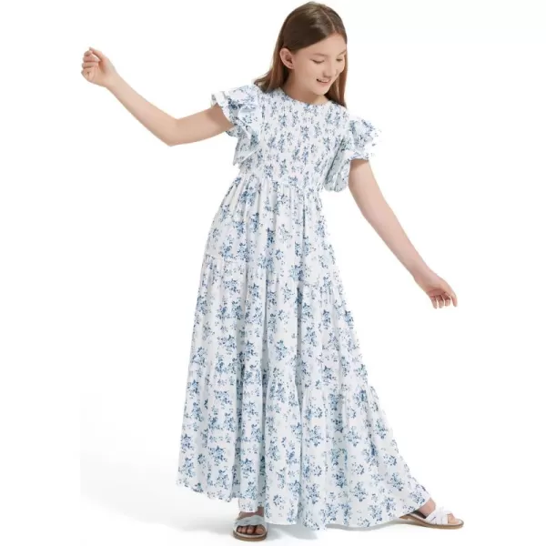 Mebius Girls Maxi Long Smocked Dresses Kids Boho Summer Flowy Ruffle Sleeve Tiered Flutter Sleeve Aline Dress 612YWhite Floral