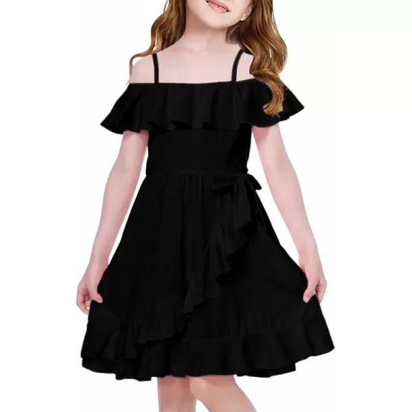 Mebius Girls Off Shoulder Dresses Flowy with Pockets Summer Ruffle Wrap Dress Casual Party Graduatoin Kids DressBlack