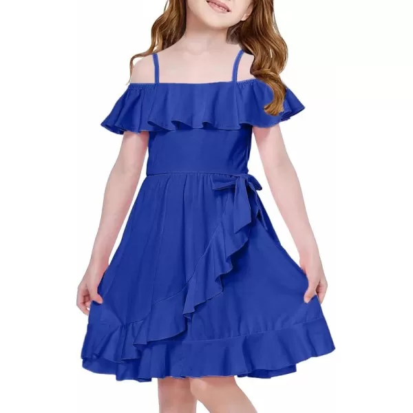 Mebius Girls Off Shoulder Dresses Flowy with Pockets Summer Ruffle Wrap Dress Casual Party Graduatoin Kids DressBlue