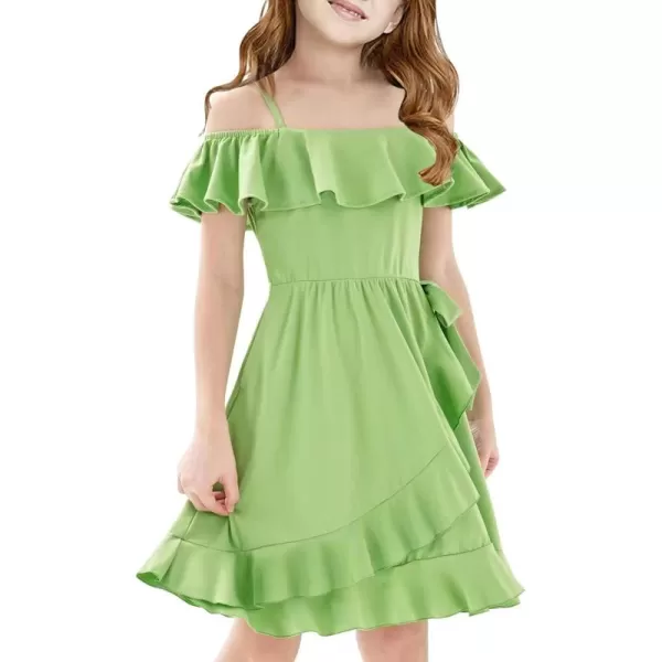Mebius Girls Off Shoulder Dresses Flowy with Pockets Summer Ruffle Wrap Dress Casual Party Graduatoin Kids DressGreen